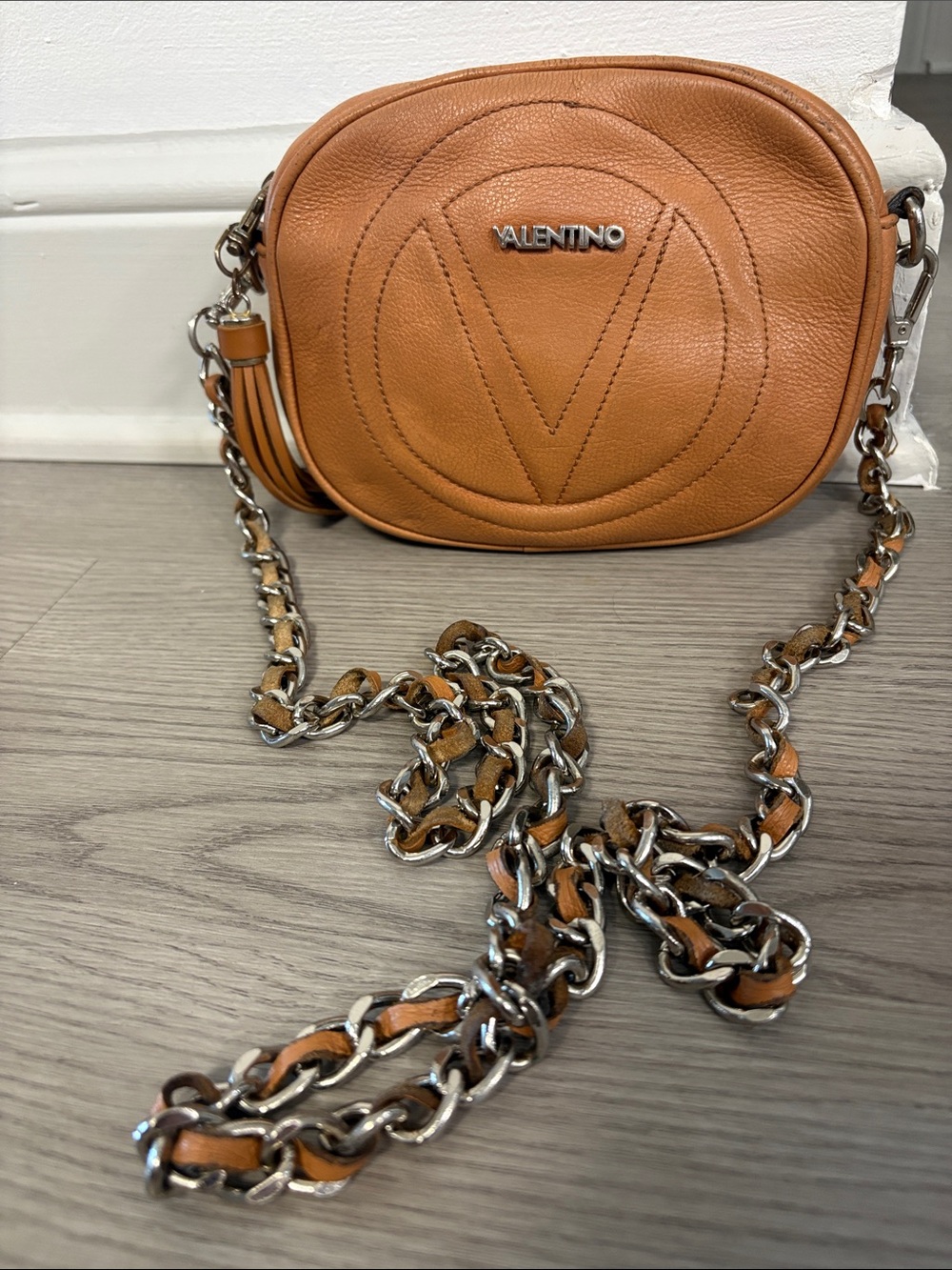 Valentino Cognac Leather Crossbody with Chain Strap